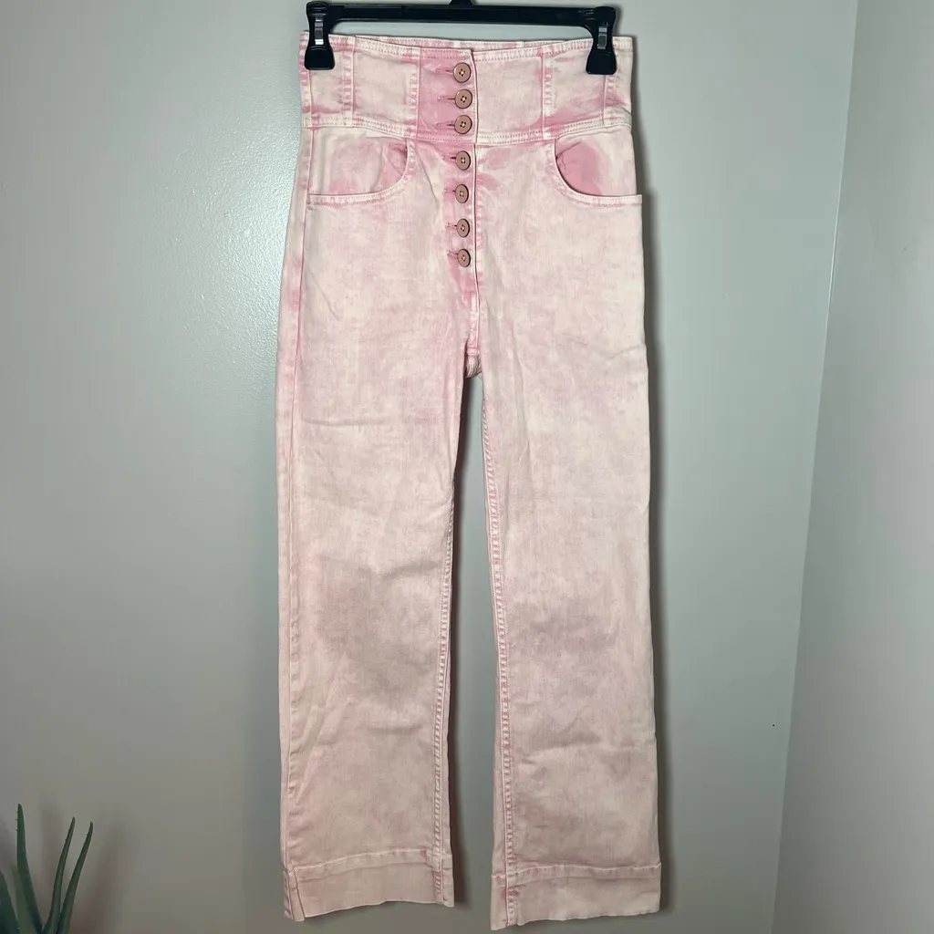 Ulla Johnson Ellis Pink Acid Wash High Waist Button Wide Leg Jeans Boho Size 0 - Image 4