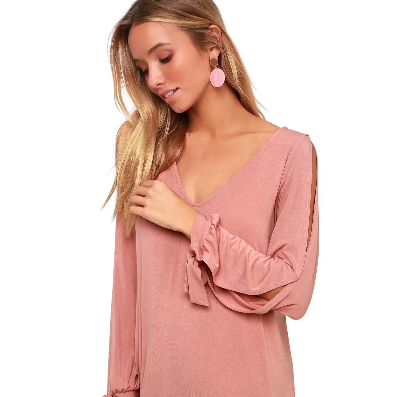 Lulus Glory of Love Mauve Shift Dress Pink vneck cold shoulder cutout small - Image 4