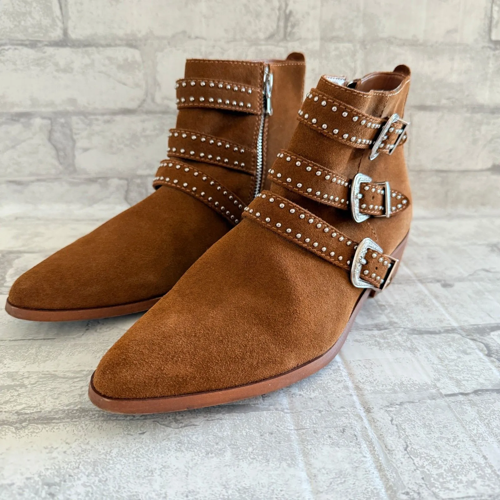 Aqua Blane Cognac Brown Studded Suede Block Heel Almond Toe Booties Sz 10M - Image 2