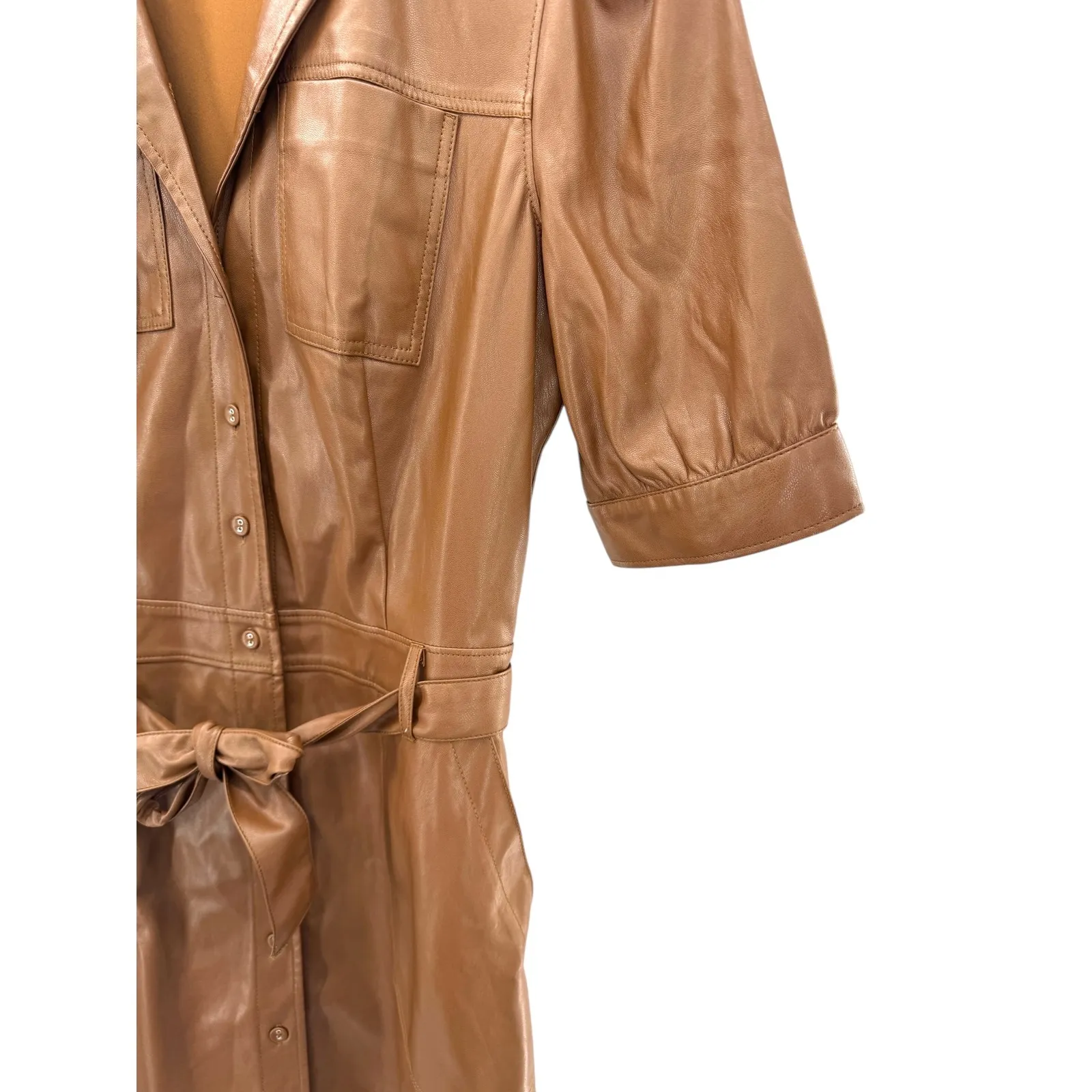 PAIGE Mayslie Vegan Faux Leather‎ Belted Dress Brown Short Sleeve Button Front - Image 3