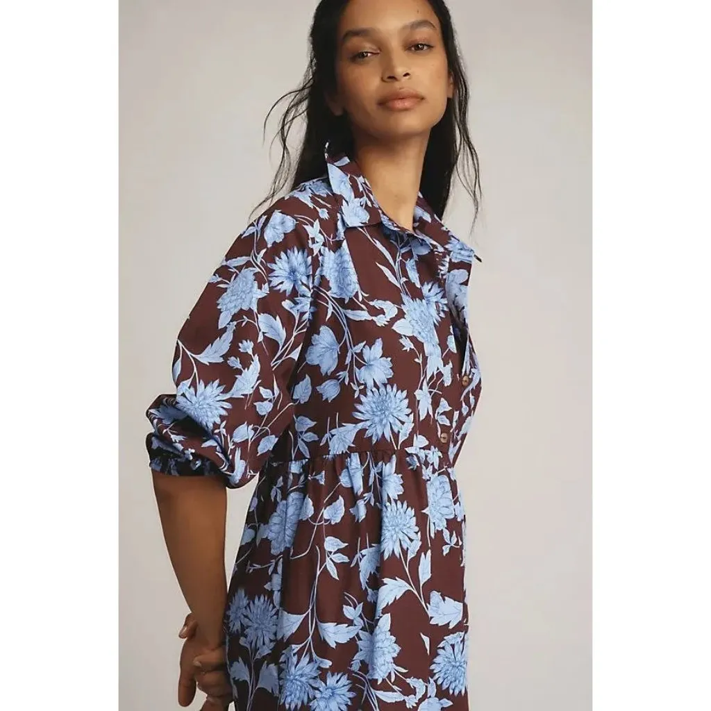 NWT Anthropologie Maeve The Bettina in Brown Blue Floral Tiered Shirt Dress M - Image 2