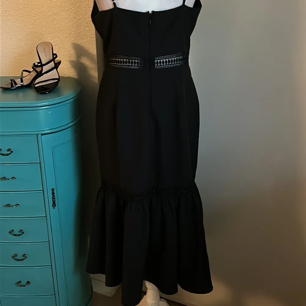 New Aqua Little Black Midi Dress with Flounce Ruffle Hem Lace Crochet Inlay - Image 8