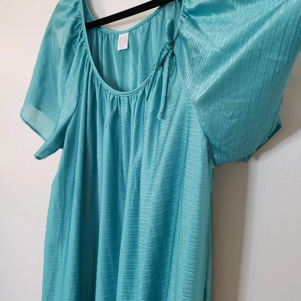 Vintage NWOT Nylon Flowy Nightgown Teal Short Flutter Sleeves Boat Neck Size L - Image 8