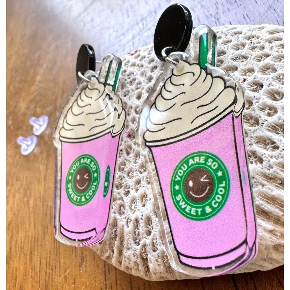 Cappuccino Coffee Earrings Pink Pup Cup Boat Drinks Cruise Vacation Sweet Cool - Image 6