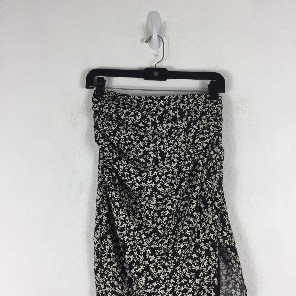 Zara Draped Black Moody Micro Floral Print Ruched Side Slit Midi Skirt XS - Image 4