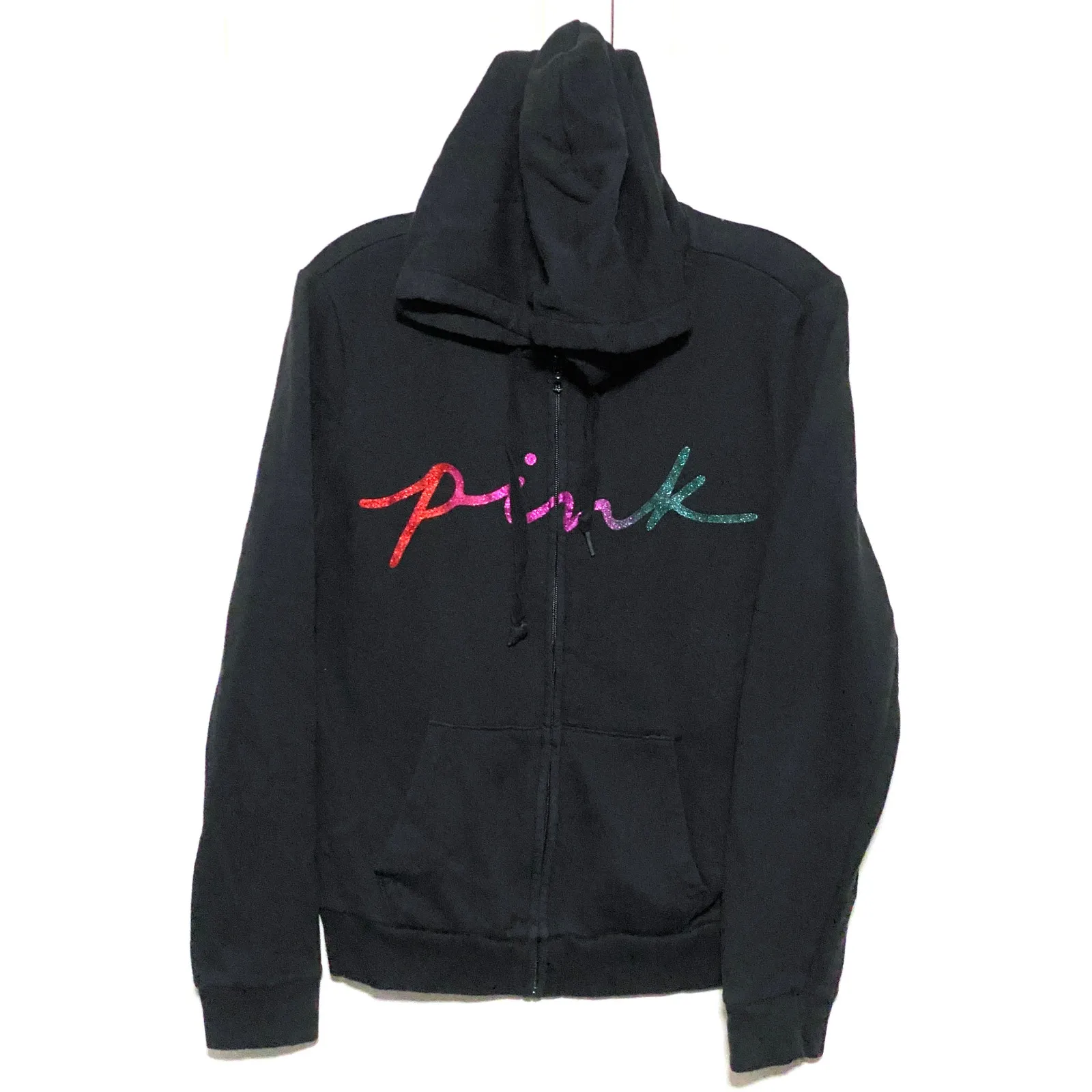 Pink Victorias Secret Zip Jacket Hoodie M Rainbow Script Ombre Glitter Bling - Image 2