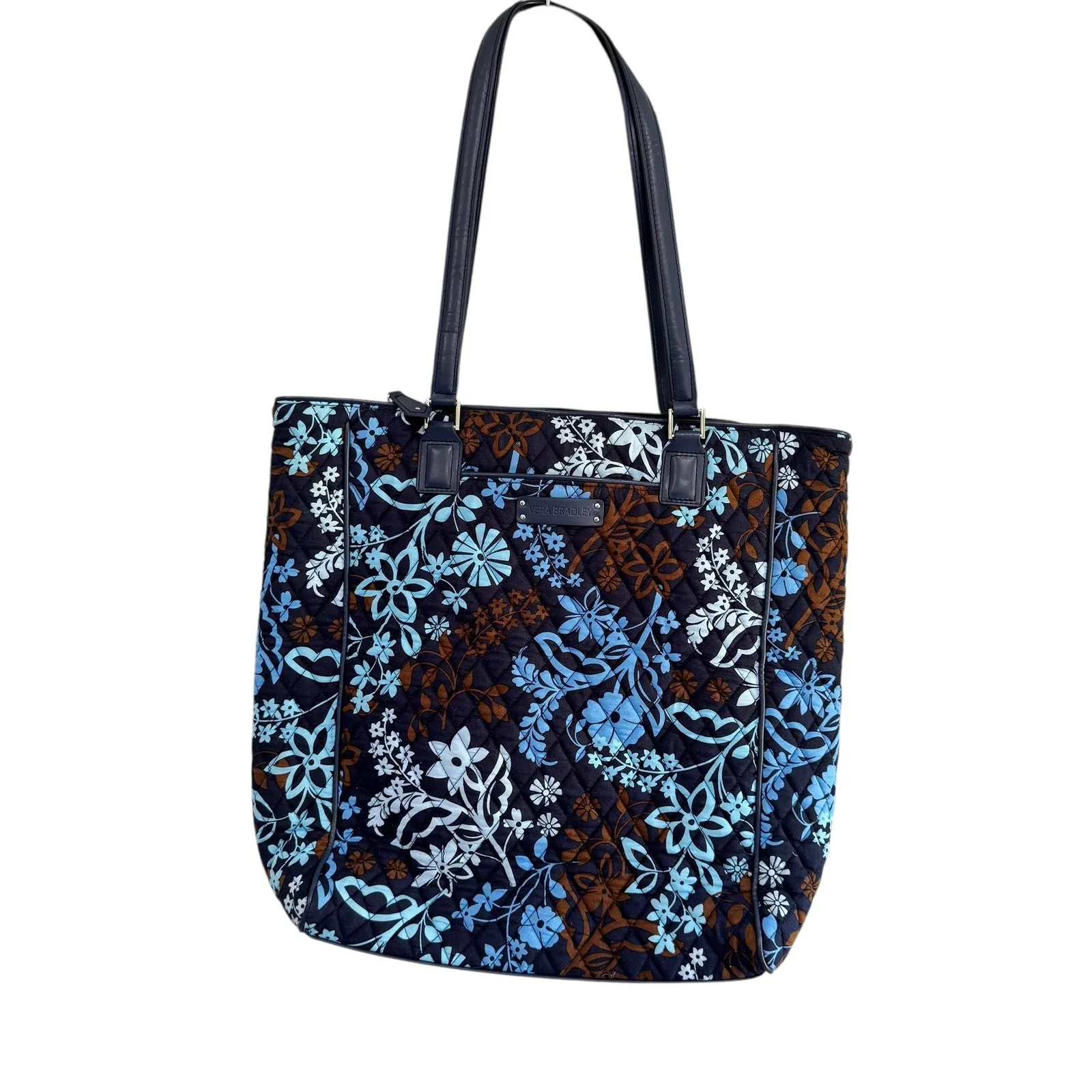 Vera Bradley Tote Bag Quilted Floral Travel Carryall Handbag Blue Brown - Image 8