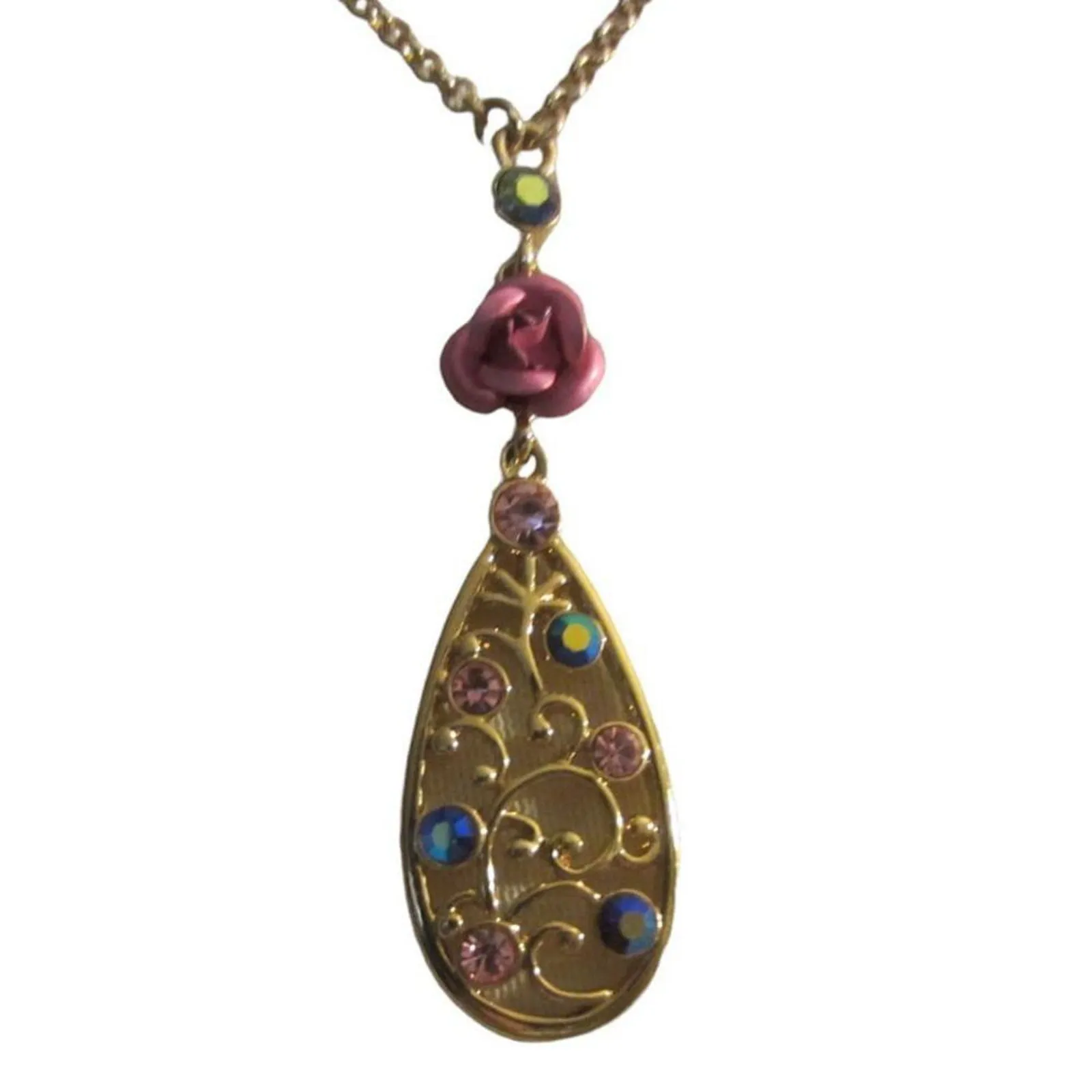 Gold Floral Teardrop Pendant Necklace Pink Rose Rhinestone Cottagecore - Image 4