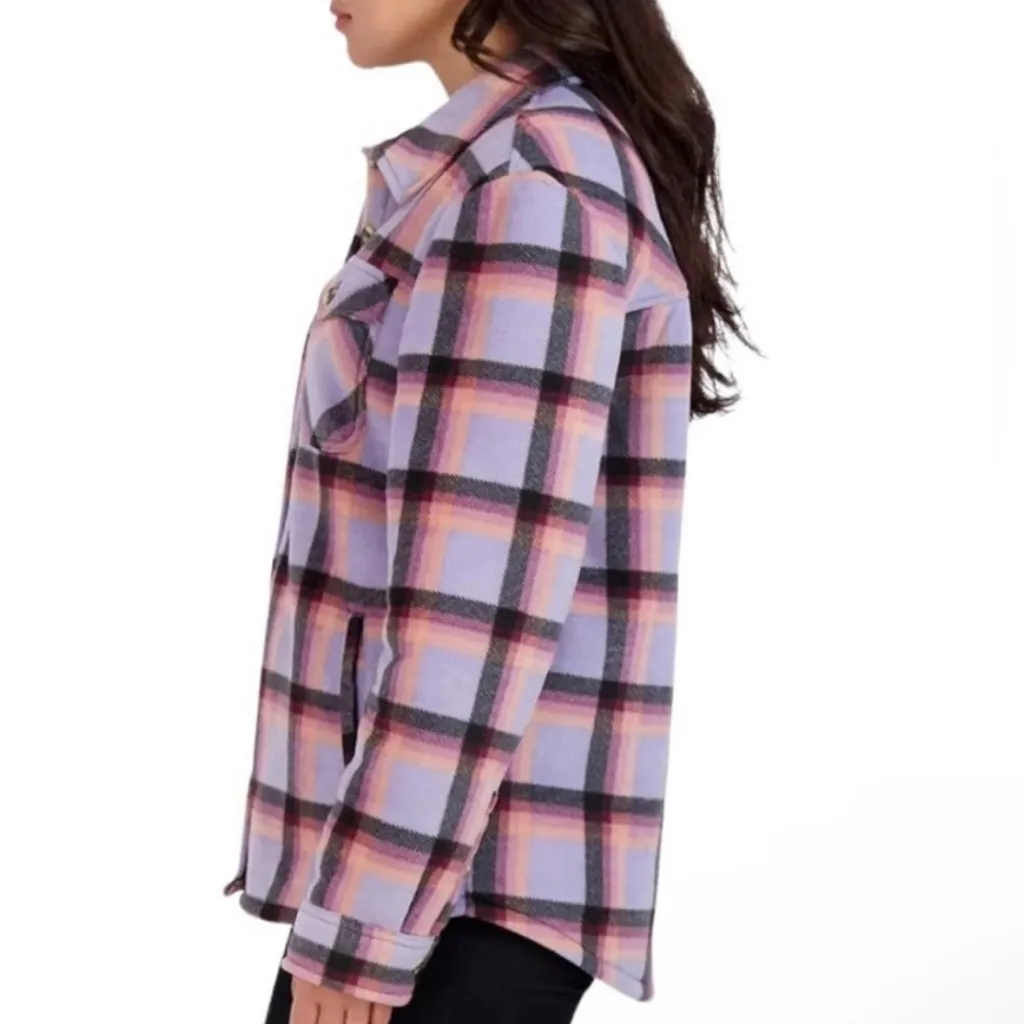 SAGE Collective Purple Plaid Sherpa Shacket Button Front Size L Size L - Image 3