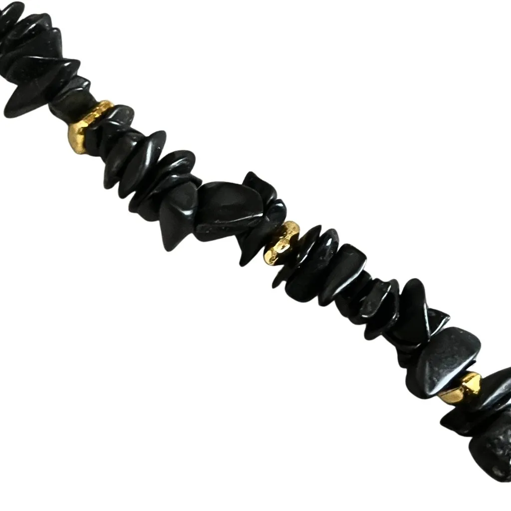 Obsidian Chip Black Gold Tone Bracelet 7” Boho Minimalist Artisan Earthy Natural - Image 4