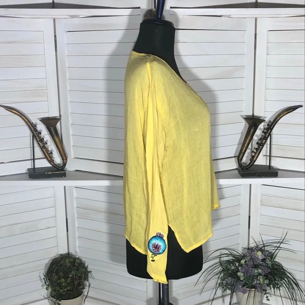 Vintage 70s Bohemian Embroidered Floral Gauze Blouse Small Yellow - Image 3