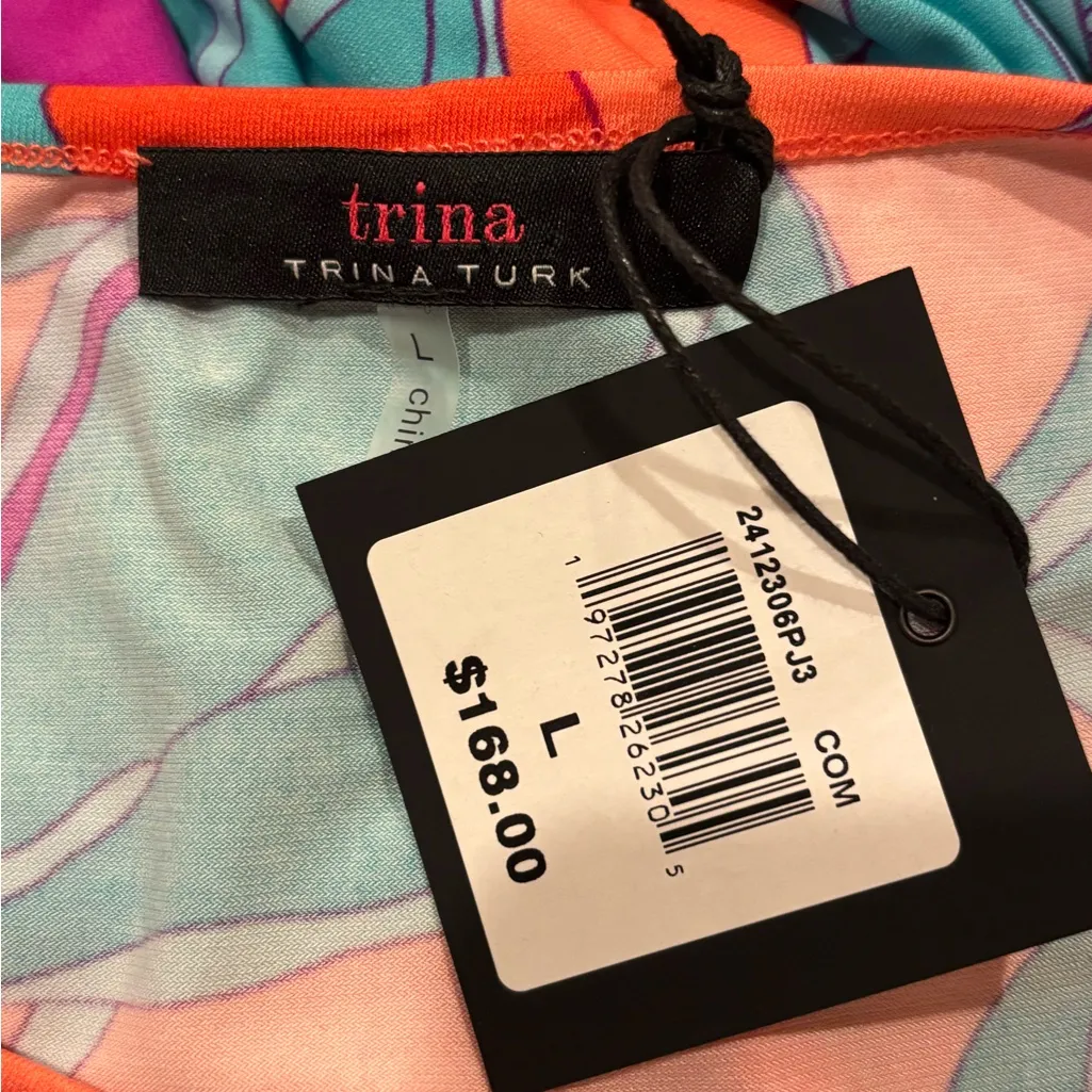 Trina Turk Bright Floral Drop Waist Dress Sleeveless Orange Purple Size L NWT - Image 4