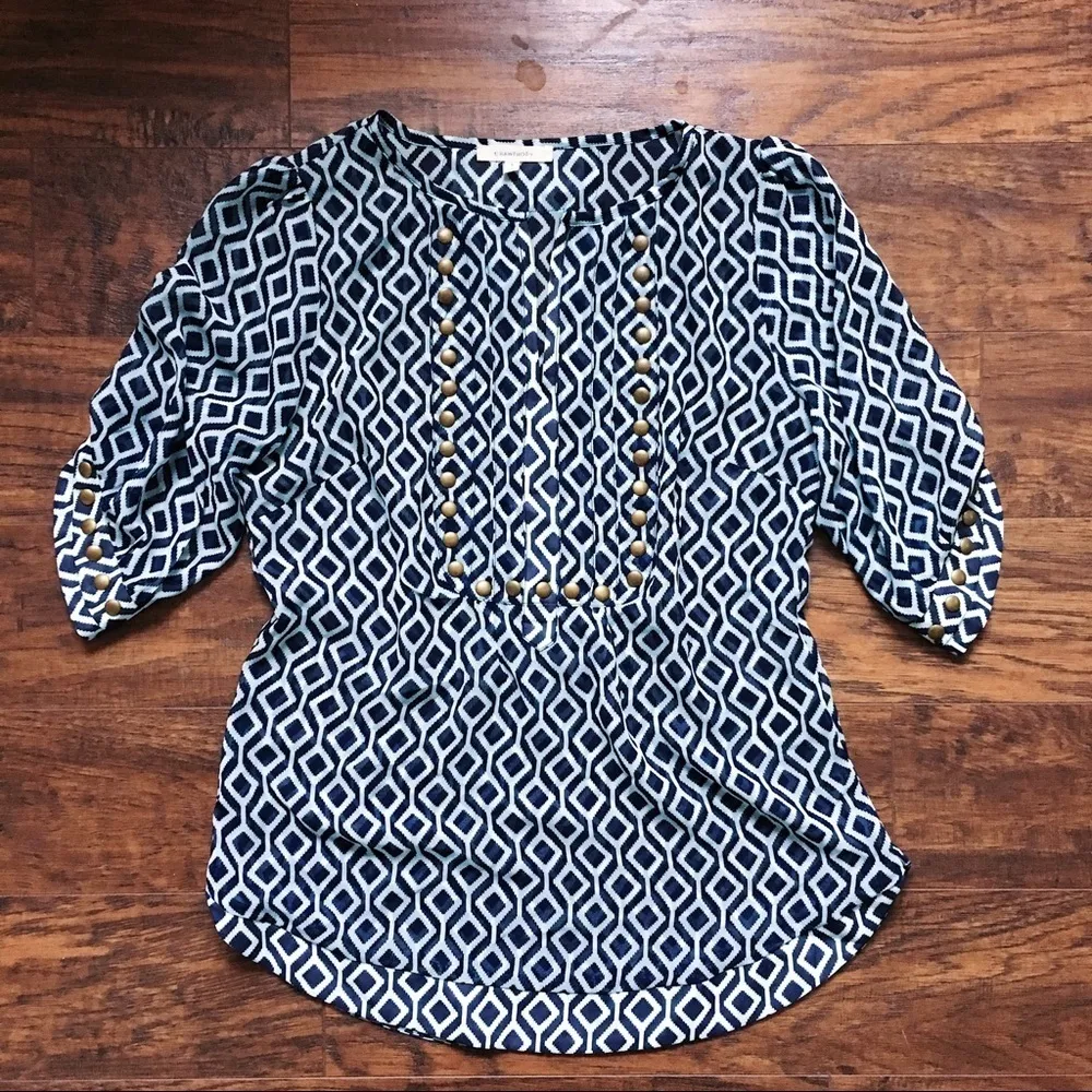 41 Hawthorn • Stitch Fix Moni tunic blouse sheer turquoise navy geo print Blue - Image 3