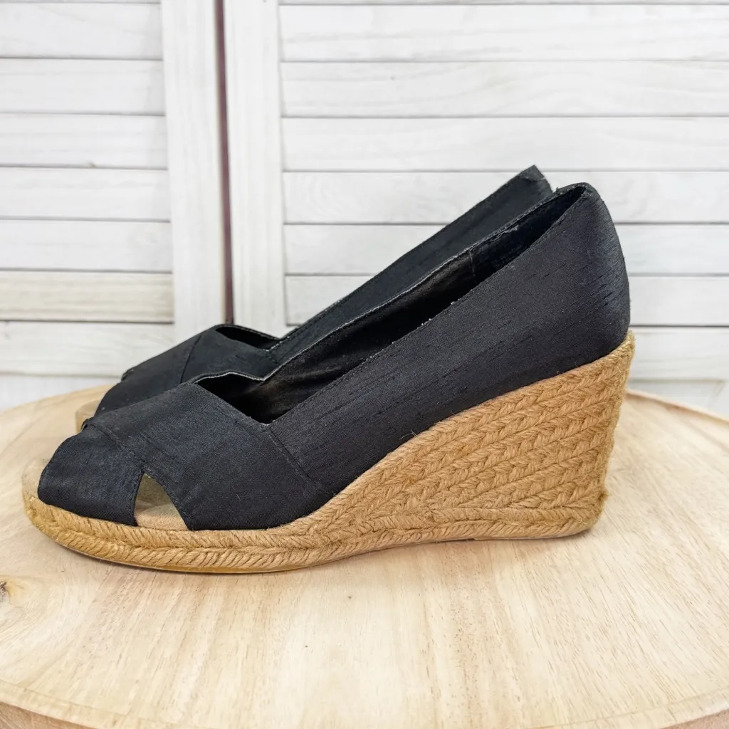 White Mountain Dupioni Fabric Peep‎ Toe Espadrille Wedge Heels Black 9 - Image 3