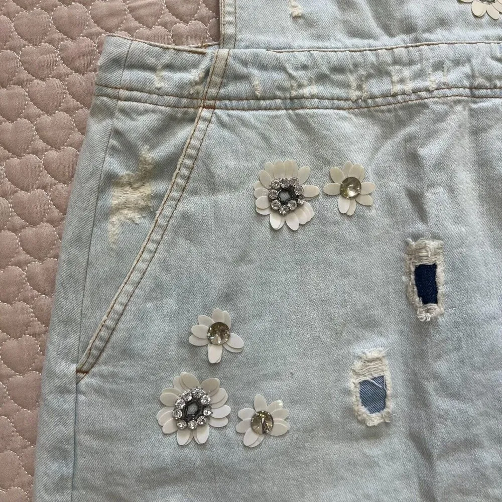 MSGM Denim Overall Jumper Dress Mini Women's Distressed Sz 36 Beaded 3D Flowers Blue - Image 5