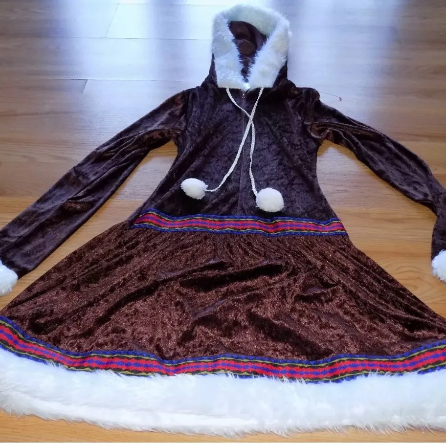 Teen / Adult Size Medium Eskimo Girl Costume Dress Brown Velour Faux Fur - Image 4