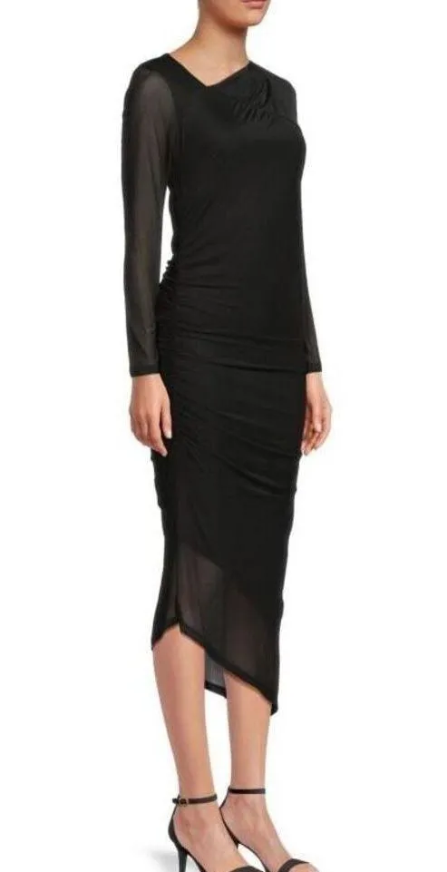 Calvin Klein Women's Asymmetric Hem Ruched Midi Black Sheath Dress - Image 5