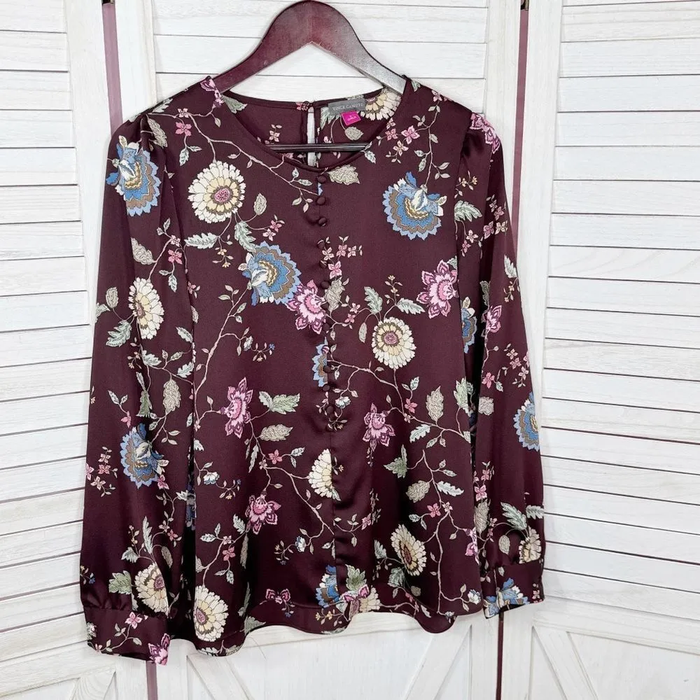 Vince Camuto Floral Puff Sleeve Button‎ Front Blouse Brown Pink Small Wildflower - Image 7