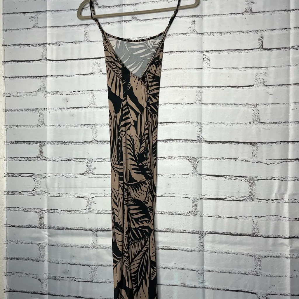 Papermoon Black Tan Leaf Print Maxi Dress Sheath Pencil SZ S Asymmetrical - Image 7