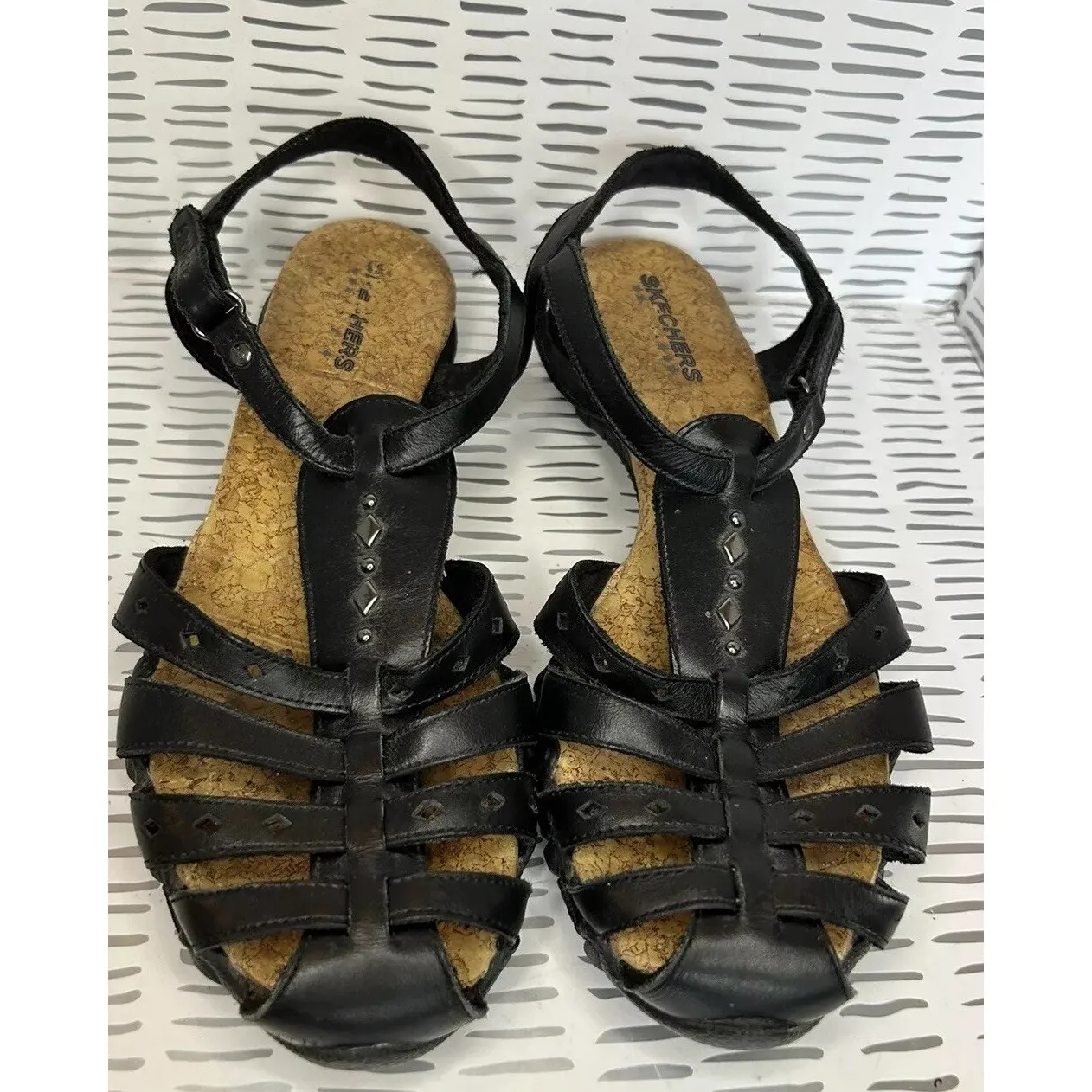 Skechers Caliper Women Black Leather Gladiator Strappy Cork Footbed Sandals Sz 8 - Image 3
