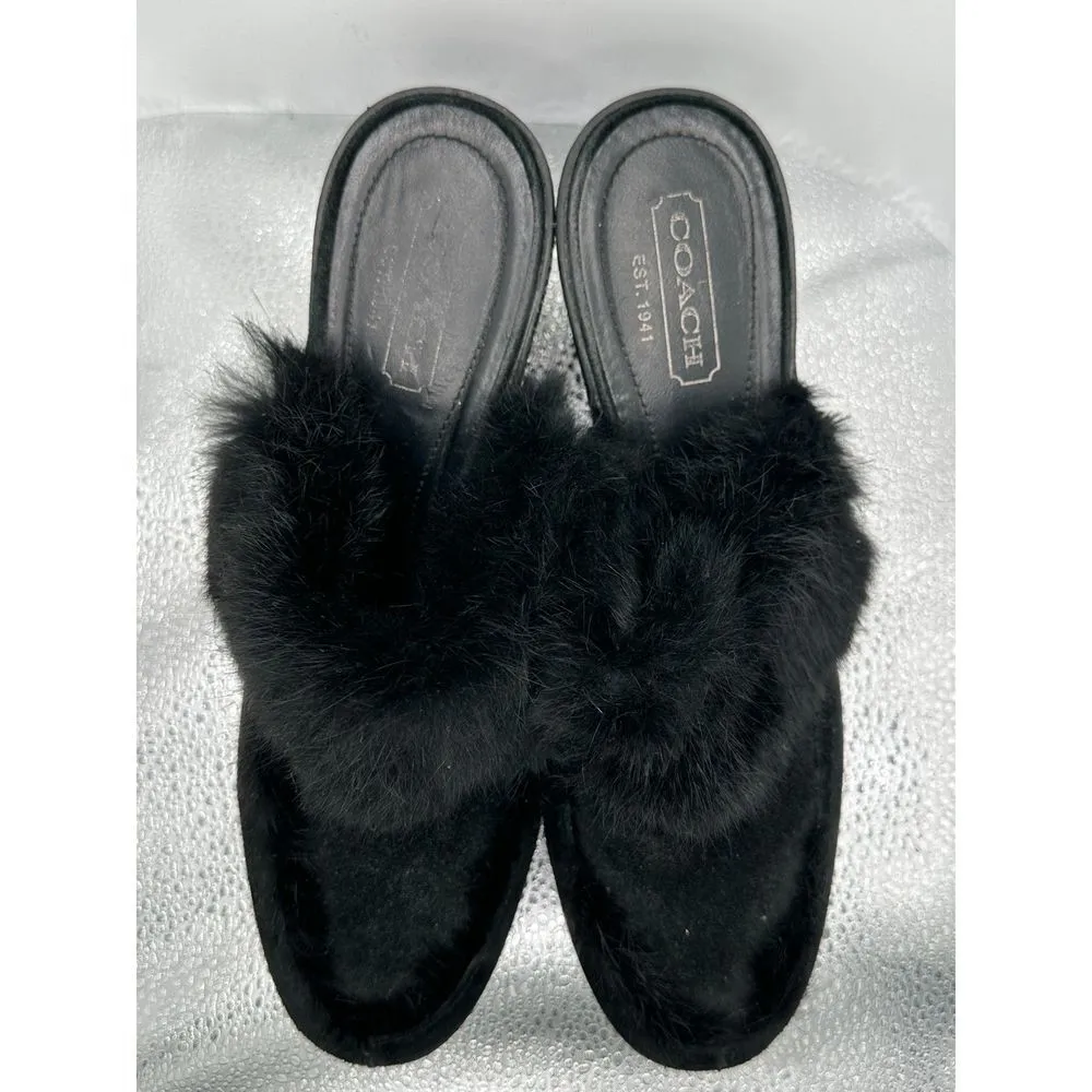 COACH Kaela Black Suede Rabbit Fur Slip On Clogs Mules With Wedge Heels - US 9 - Image 10