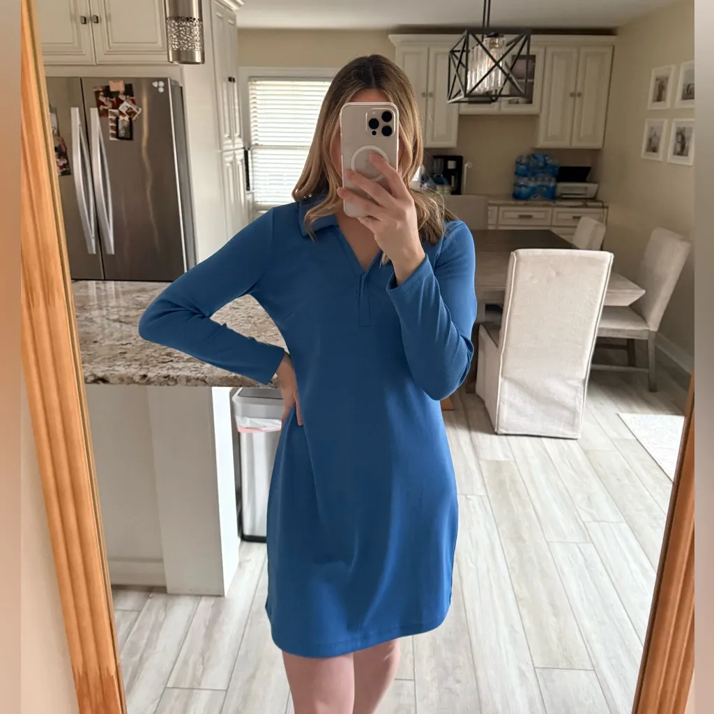 Boston Proper Blue Ribbed Long Sleeve Polo Shift Dress Size S - Image 2