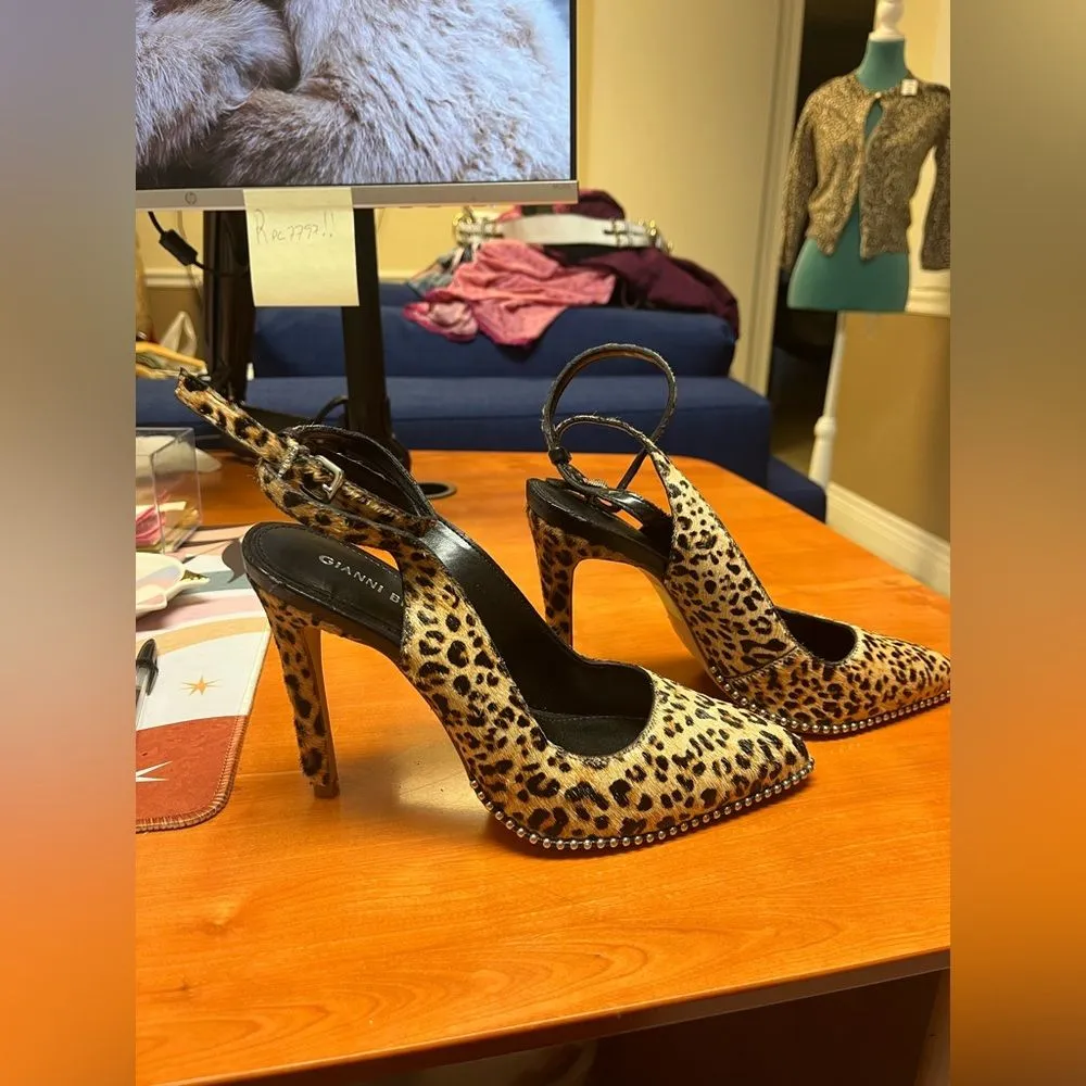 Gianni Bini Pumps Renatay Leopard‎ Calf Hair Studded Ankle Strap Heels Size 8.5M - Image 6