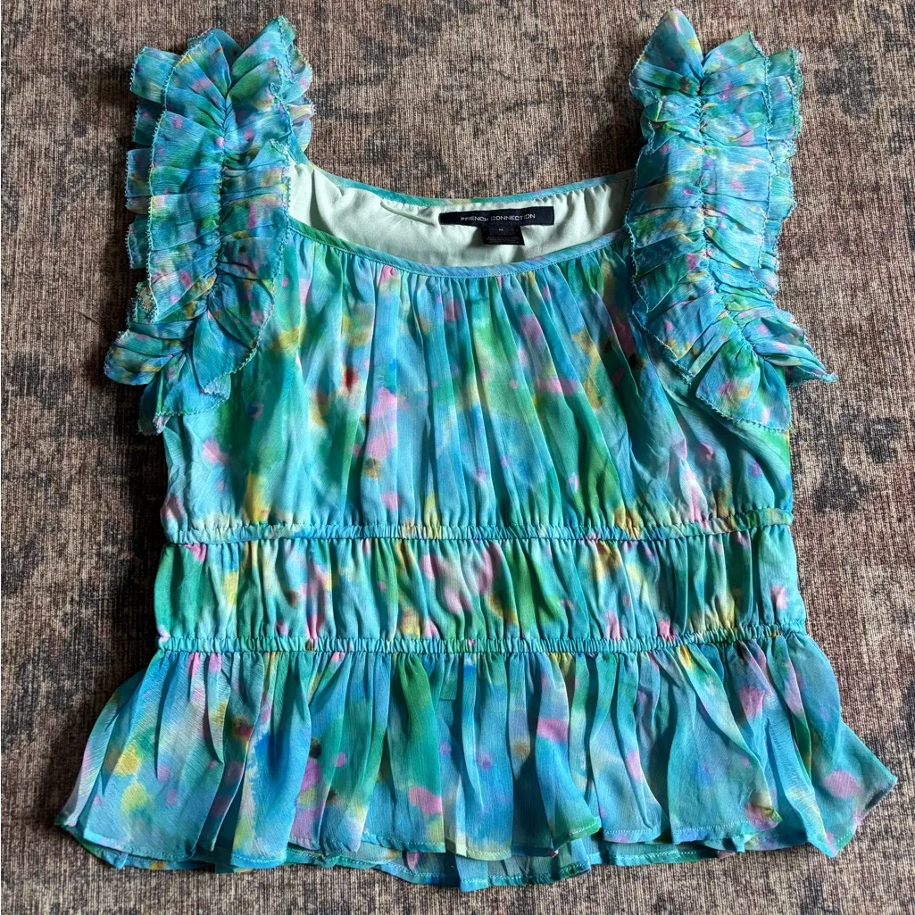 French Connection Gretha Hallie Crinkle Ruffle-Shoulder Top Size Medium - Image 9