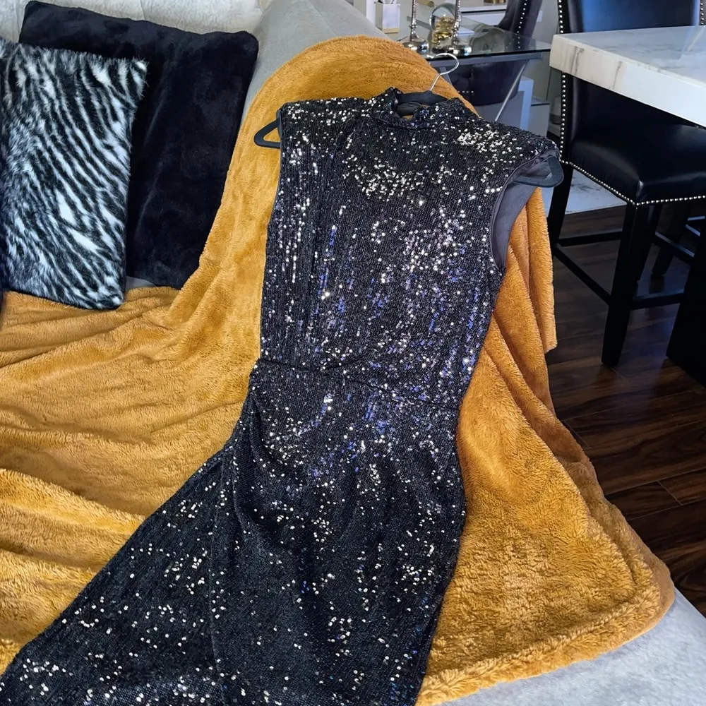 Express Sequin Asymmetrical Mock Neck Dress in Black - Image 4