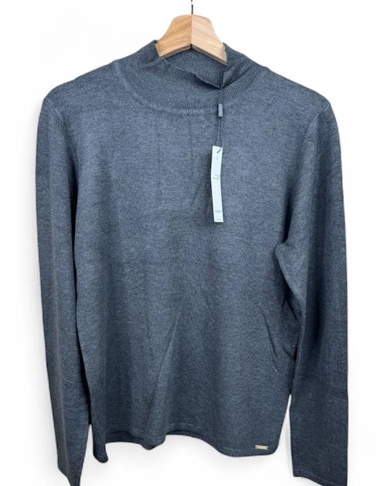 T Tahari Womens Mock Neck Sweater Top Size L Dark Grey Soft Knit Metallic Logo - Image 3