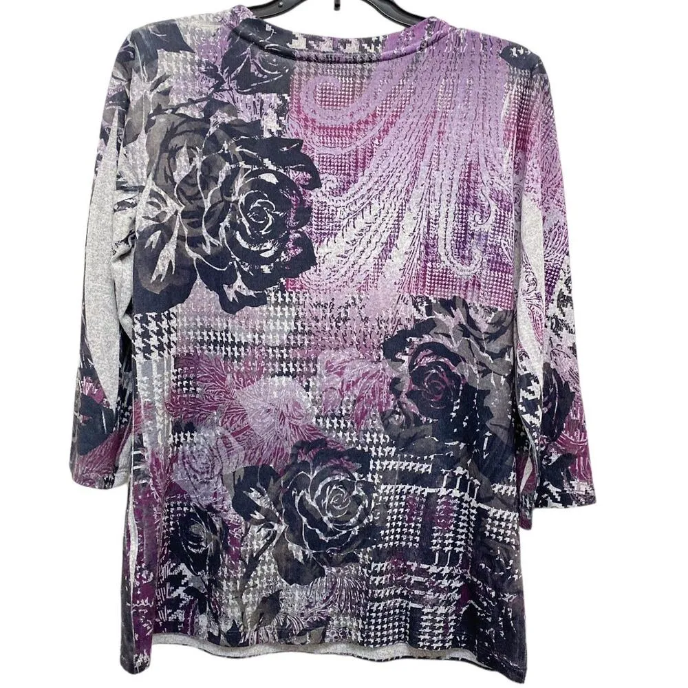 Love Delirious Womens Medium VNeck Houndstooth Roses Print Y2K Purple Top Blouse - Image 5