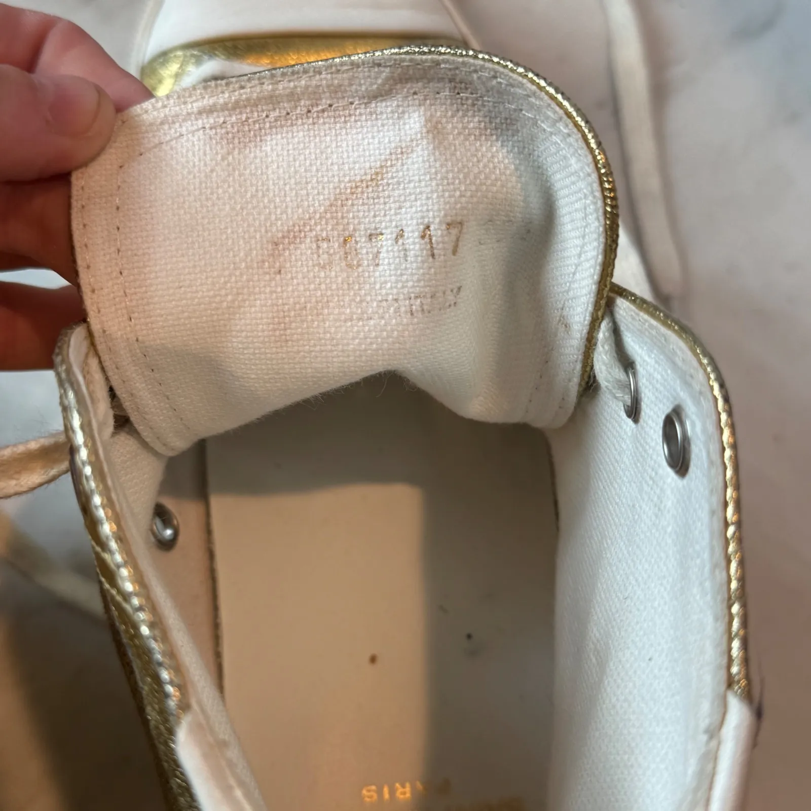 Distressed Calfskin Bedford Logo-Appliqued Hightop Sneakers 6.5 Gold Cream White - Image 11