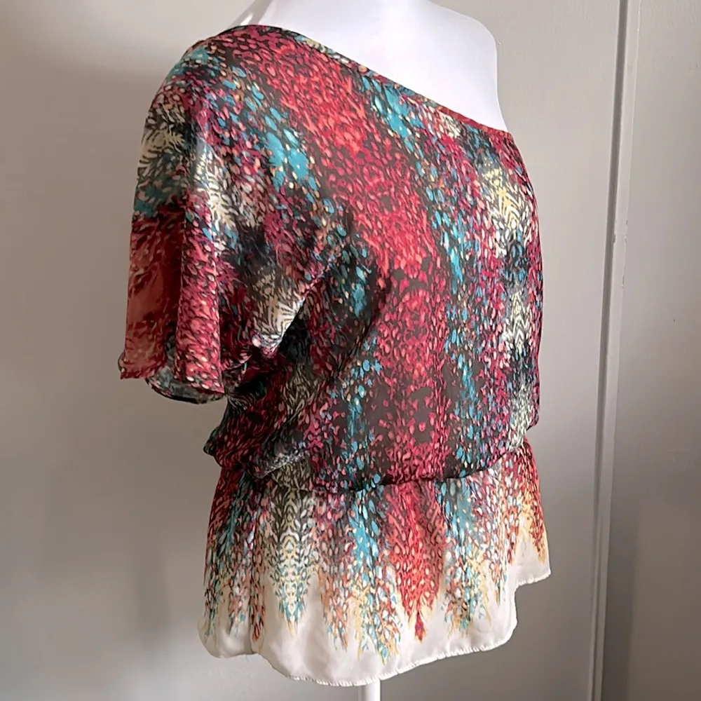 a.n.a. One Shoulder Peplum Boho Watercolor Feather Print All Occasion Blouse - Image 2