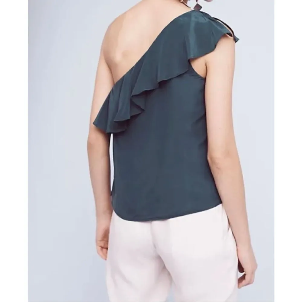 Maeve Anthropologie Holly Silk Chiffon Ruffle One Shoulder Green Blouse sz 4 - Image 2