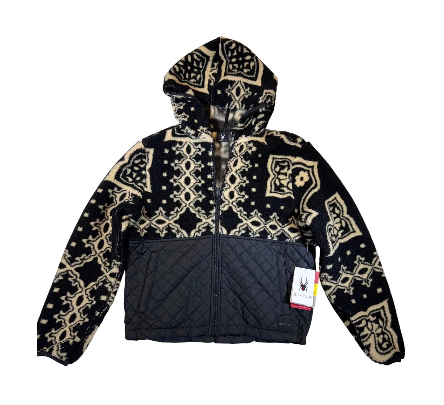 Spyder Women's Fleece Quilted Jacket Black Cream Pattern Hooded Full Zip Size S - Image 1