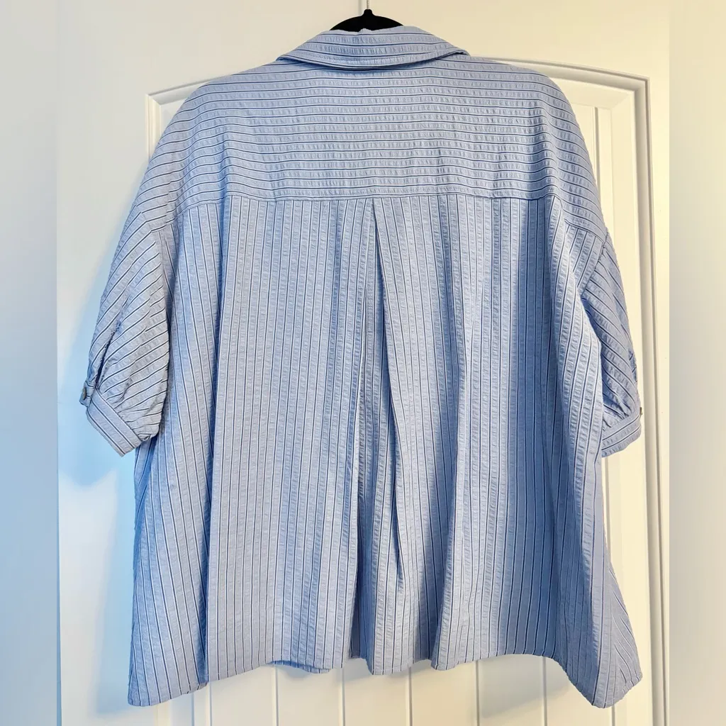 Entro Oversized Blue Stripe Button down Short Sleeve Shirt with Pockets - Image 5