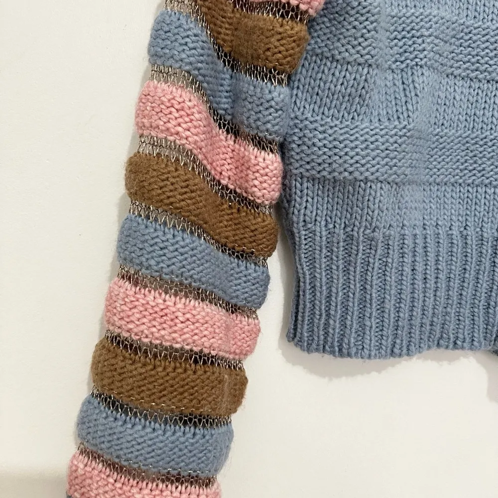 Lush baby blue cropped sweater crewneck pastel ballon sleeves Colorblock small - Image 6