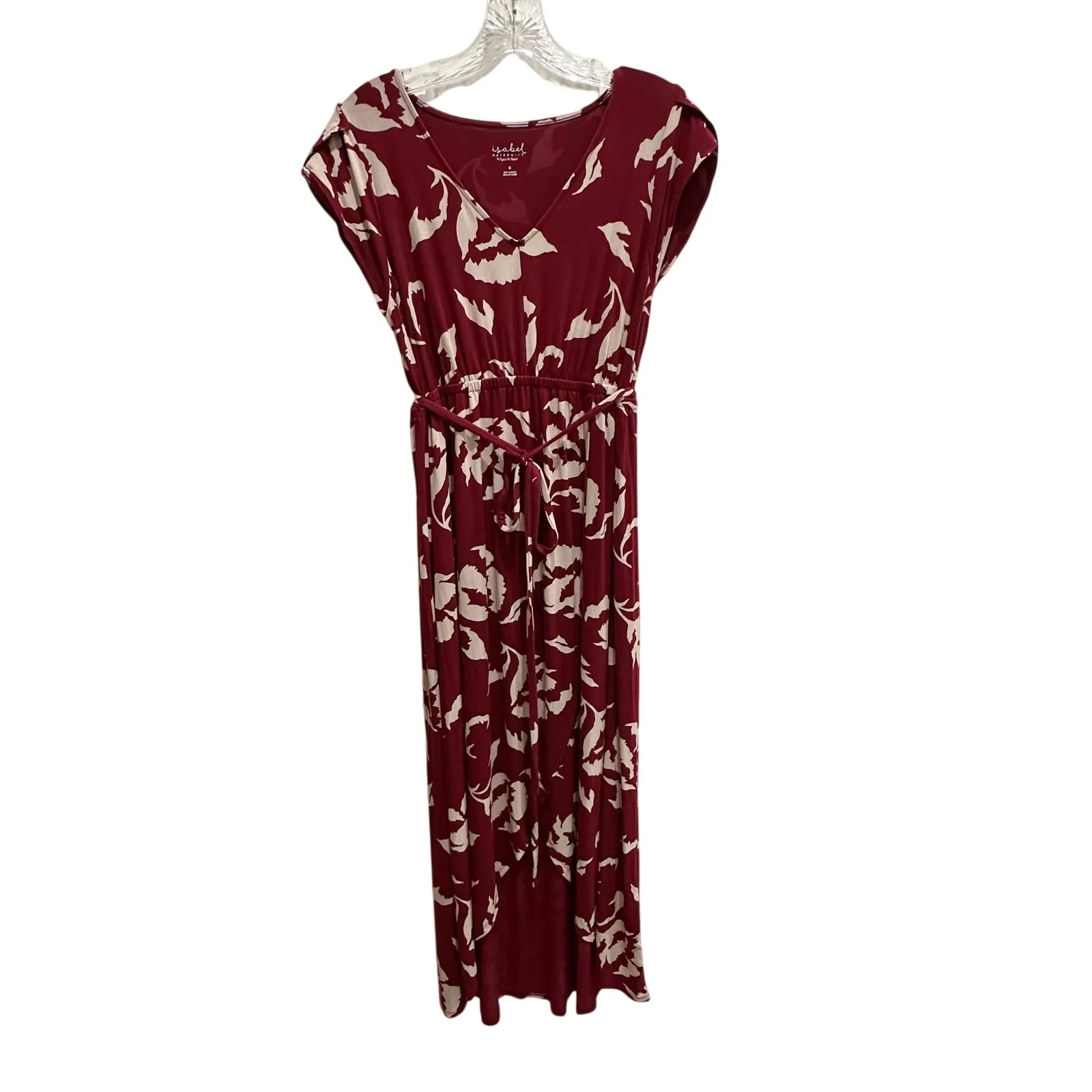 Isabel Maternity cotton dress asymetric hem size small burgundy/cream floral - Image 3