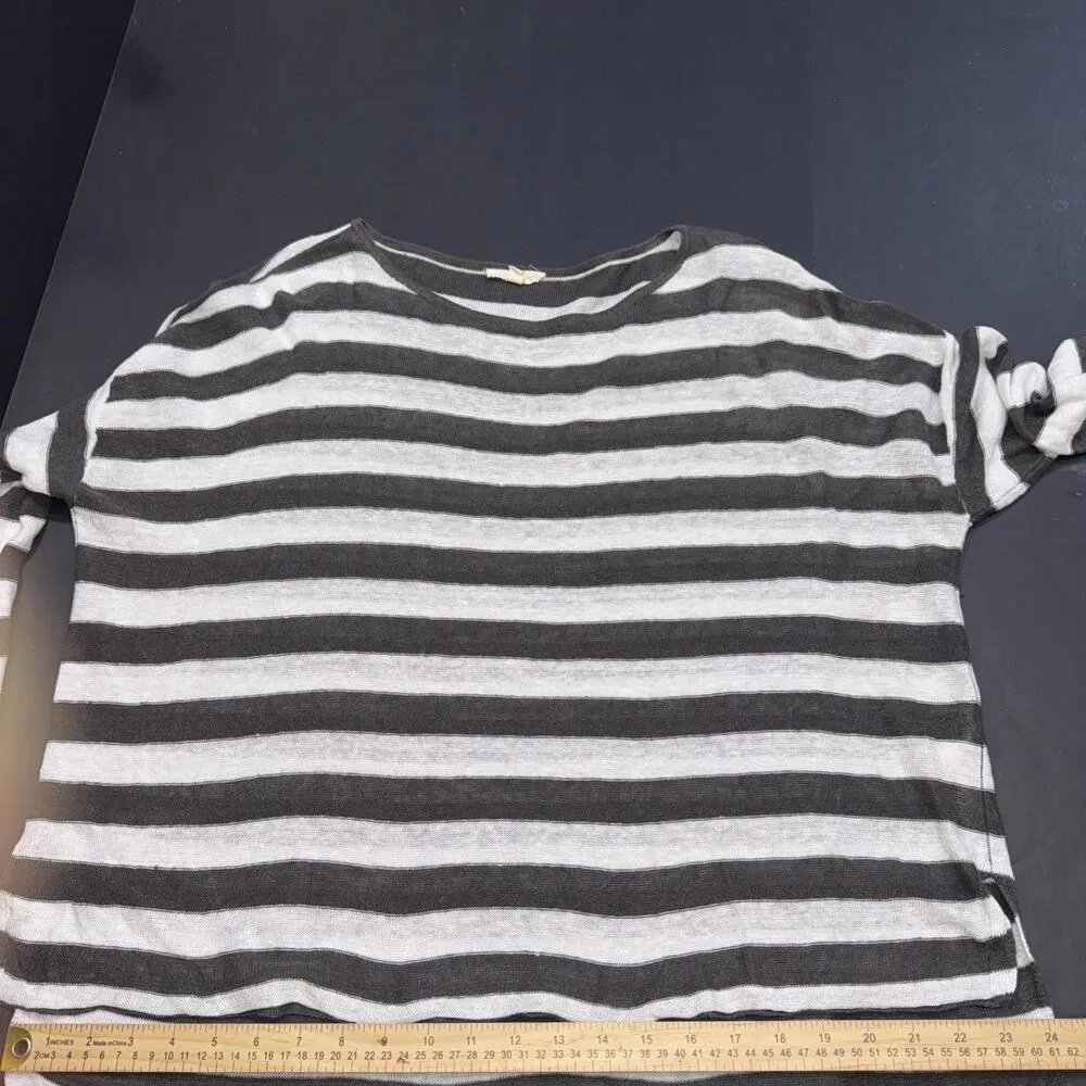 Eileen Fisher Organic Linen Striped Relaxe Top Gray White Boatneck Casual Mediu - Image 5