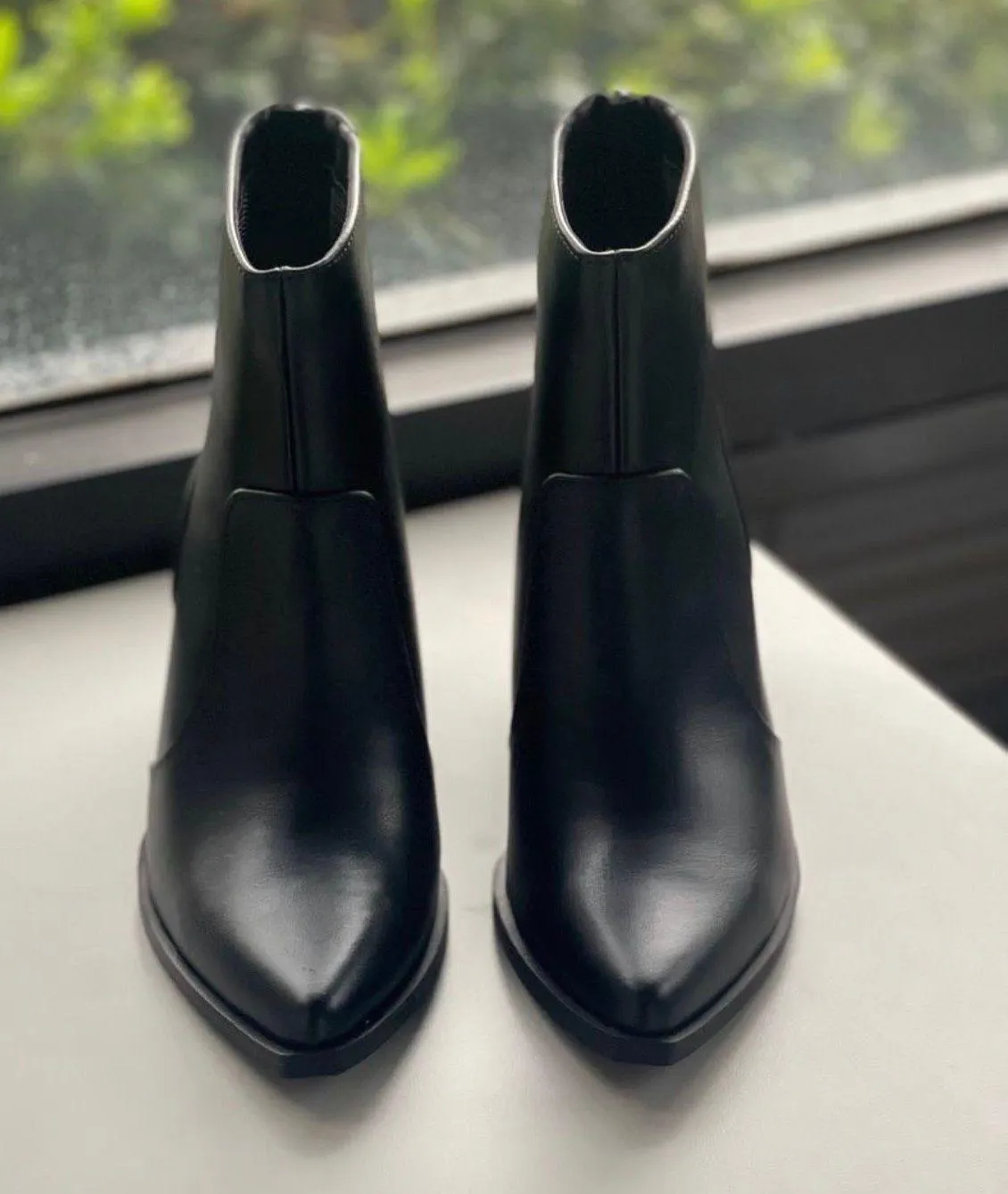 Black Almond Toe Vegan Leather Stacked Heel Bootie - Image 4