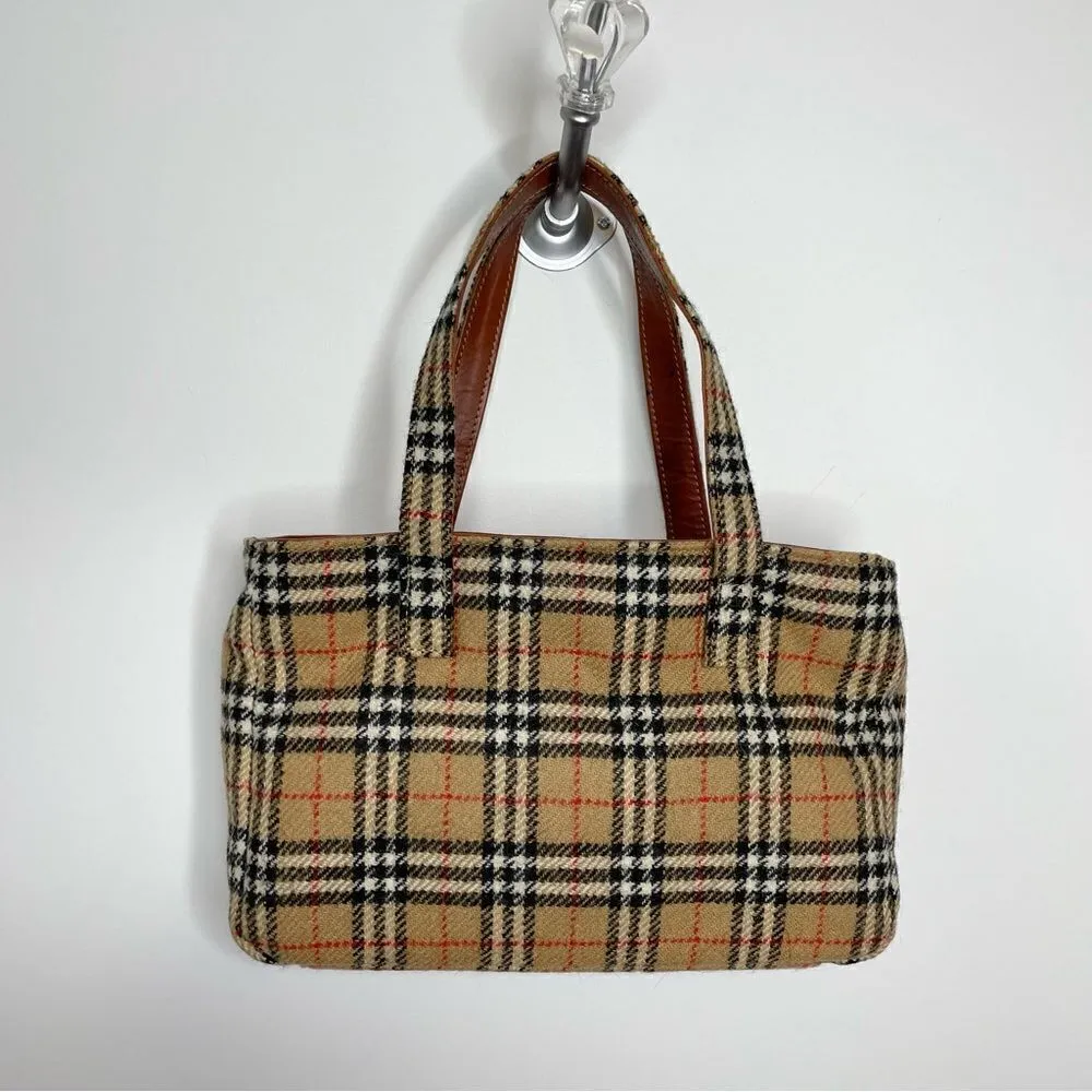 Burberry Wool Vintage Nova Check Signature Plaid Tote Shoulder Bag Purse Tan - Image 13