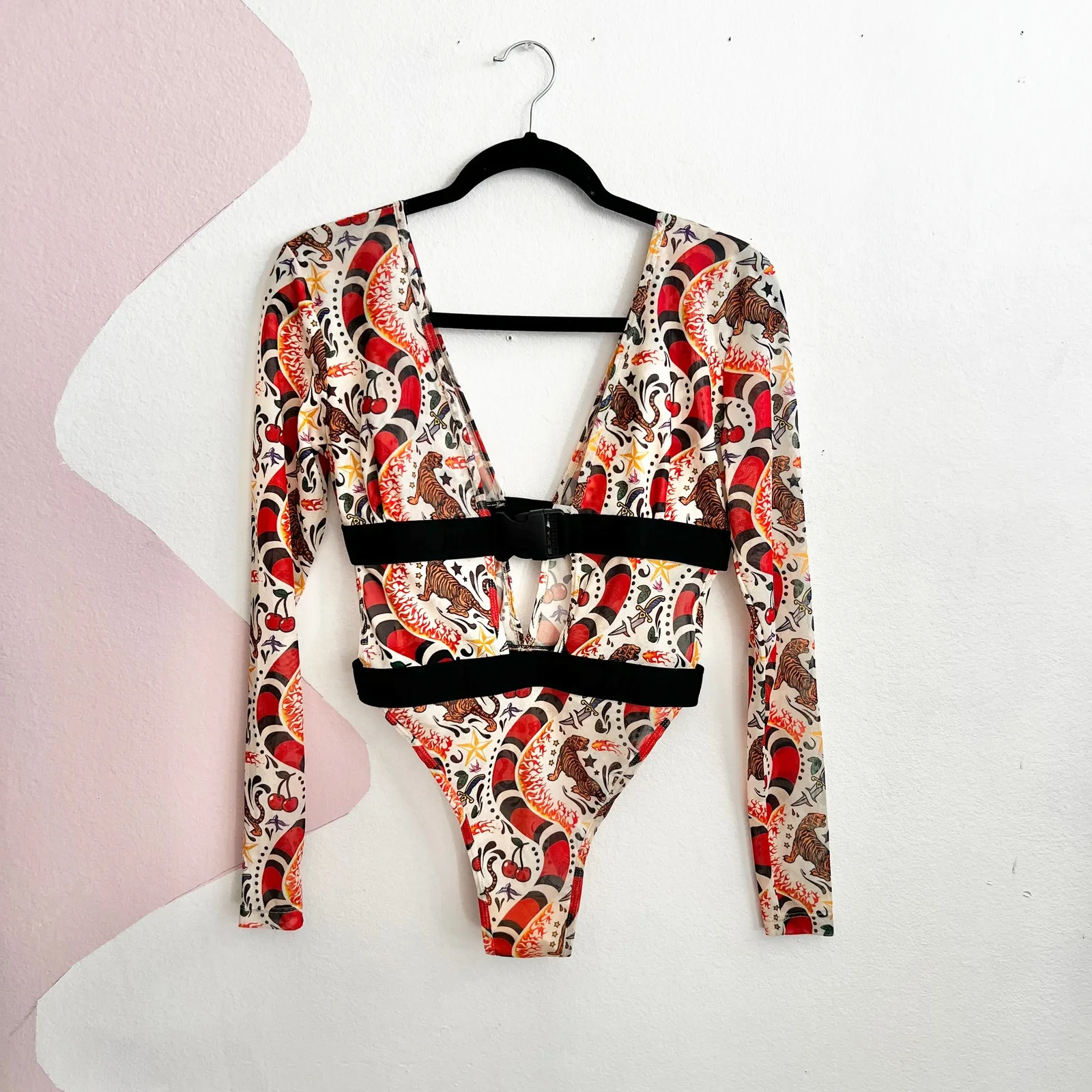 Beginning Boutique Mesh Buckle‎ Bodysuit Sheer Festival Edgy Grunge Rave Large - Image 2