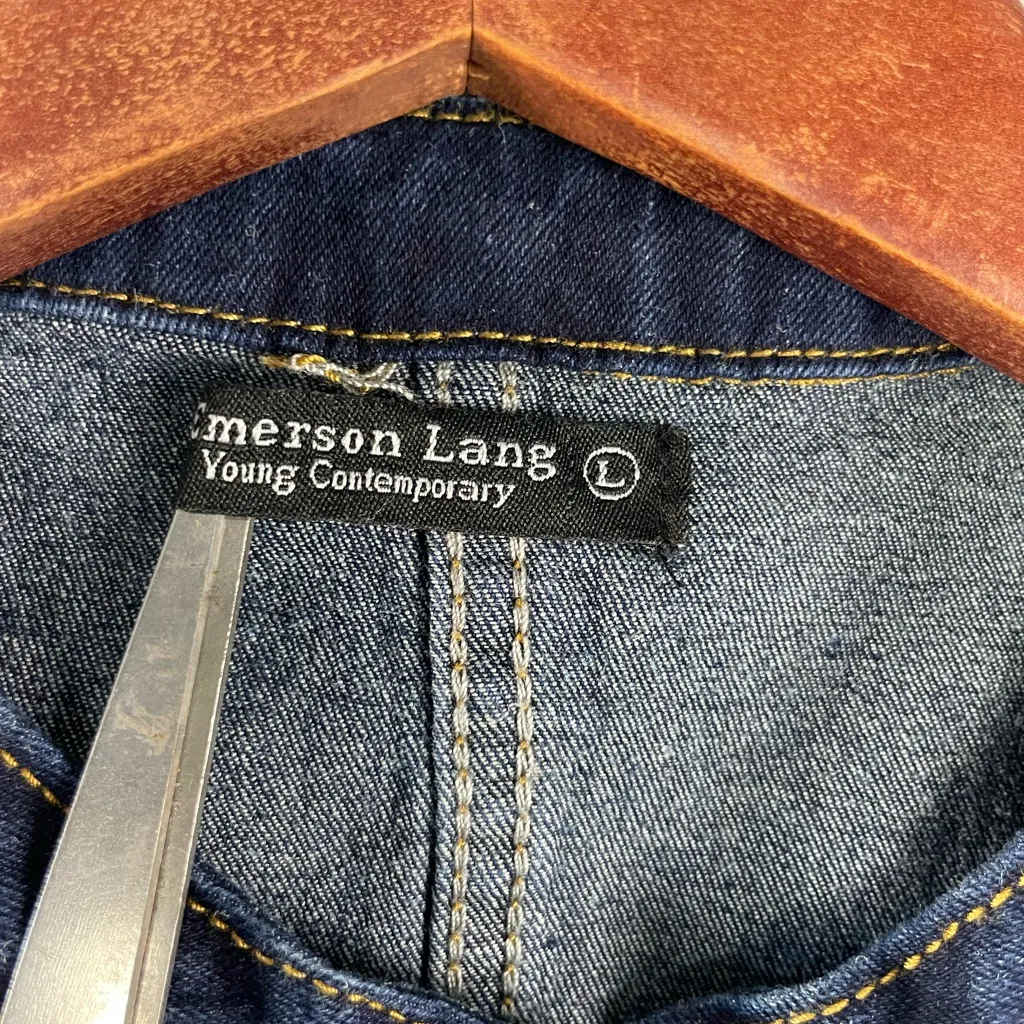 Emerson Lang Dark Blue Wash Stretch Denim Y2K Moto Edgy Sleeveless Zip Vest Size L - Image 2