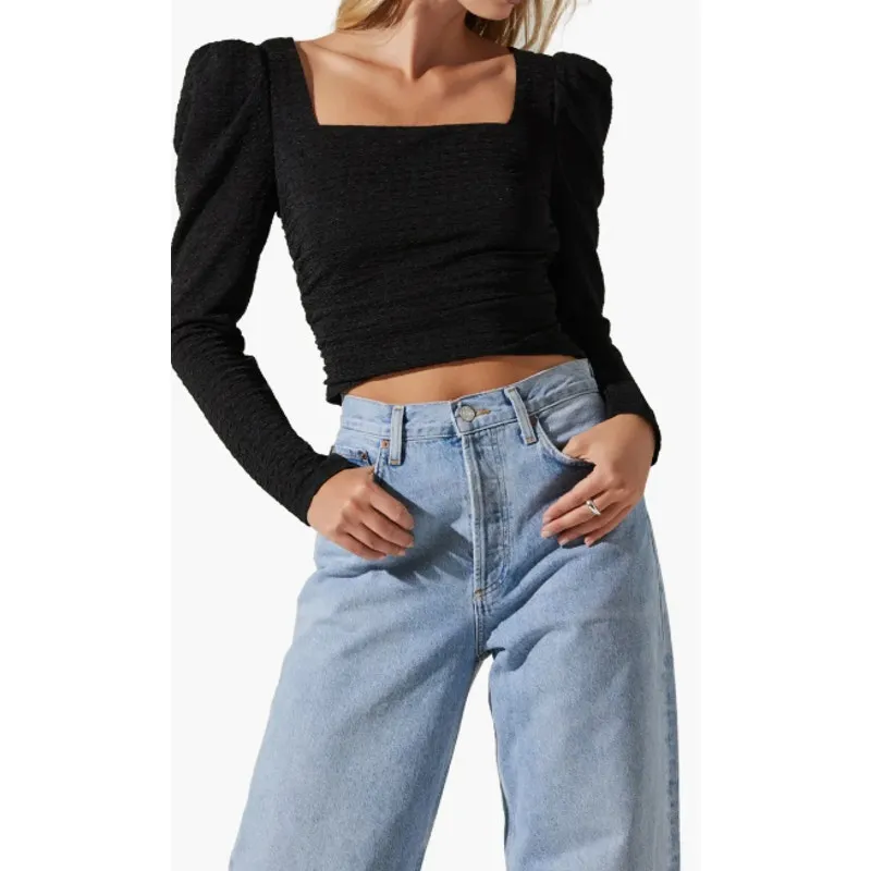 ASTR the Label Puff Shoulder Textured Knit Crop Top SIze XS New with‎ Tags Black - Image 4