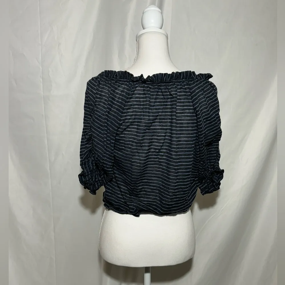 Free People Dorothy Striped Peasant Top Black Blue Drawstring Womens Medium - Image 15