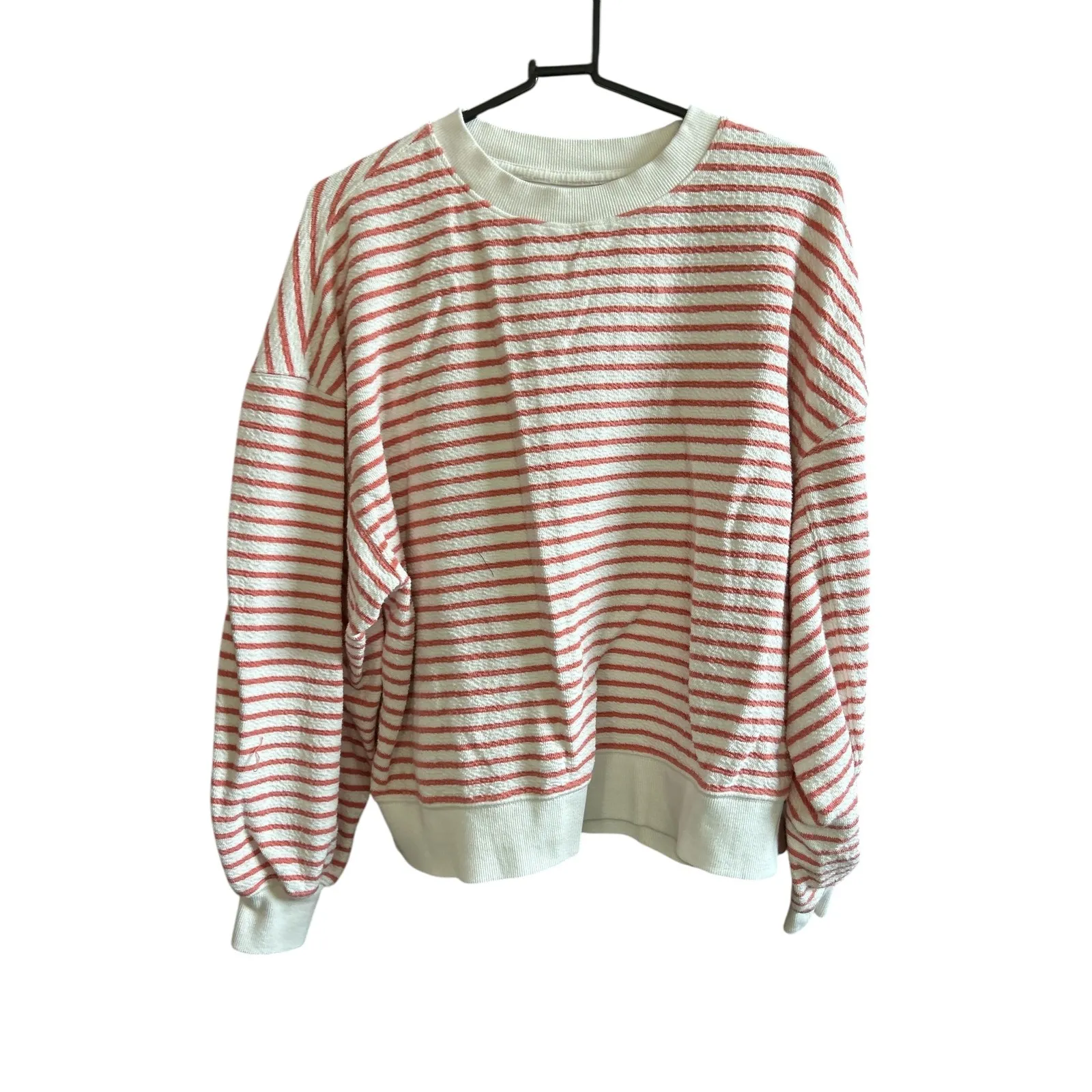 Striped Textured Crewneck Sweatshirt Coral White Long Sleeve Pullover Red Size XS - Image 2
