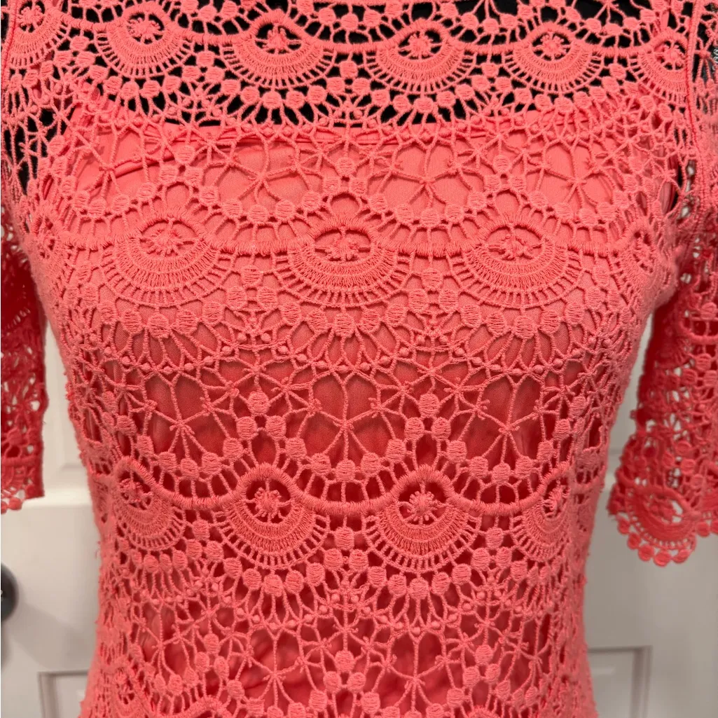 Ralph Lauren Sheath Midi Dress Half Sleeve Round Neck Lace Overlay Romantic XS - Image 2