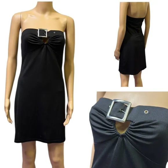 Y2K 90s Hot Kiss Black Strapless Silver Buckle Keyhole Front Mini Dress Medium - Image 2