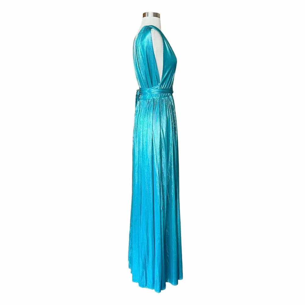 BRONX AND BANCO Romi Metallic Gown Plunge Neckline Dress Teal Turquoise Large 8 - Image 4