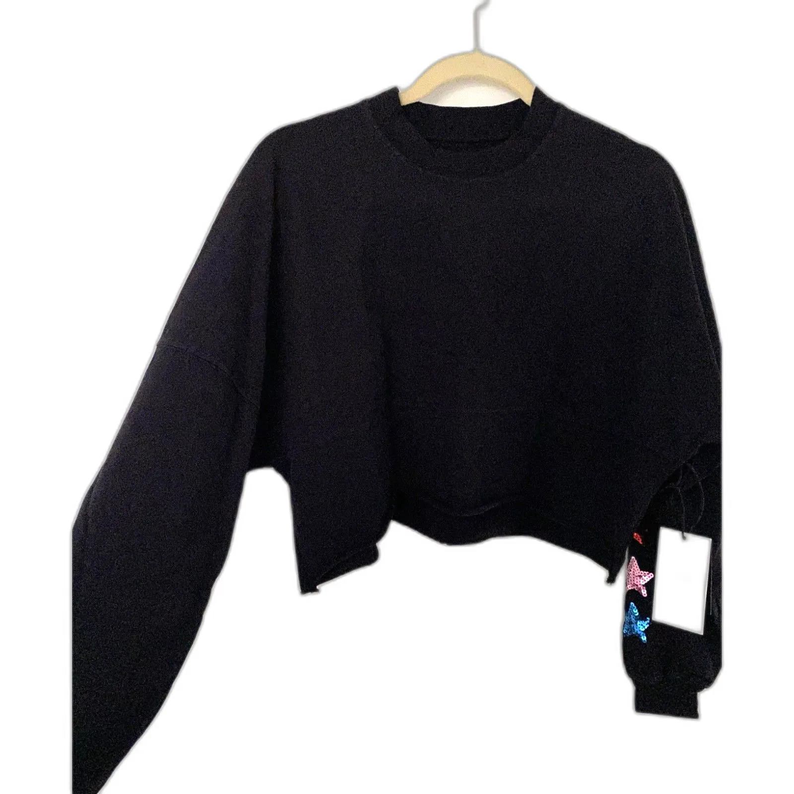 NWT Spirit Jersey Black Cropped Sequins Star Logo Cotton Oversized Sweatshirt S - Image 5